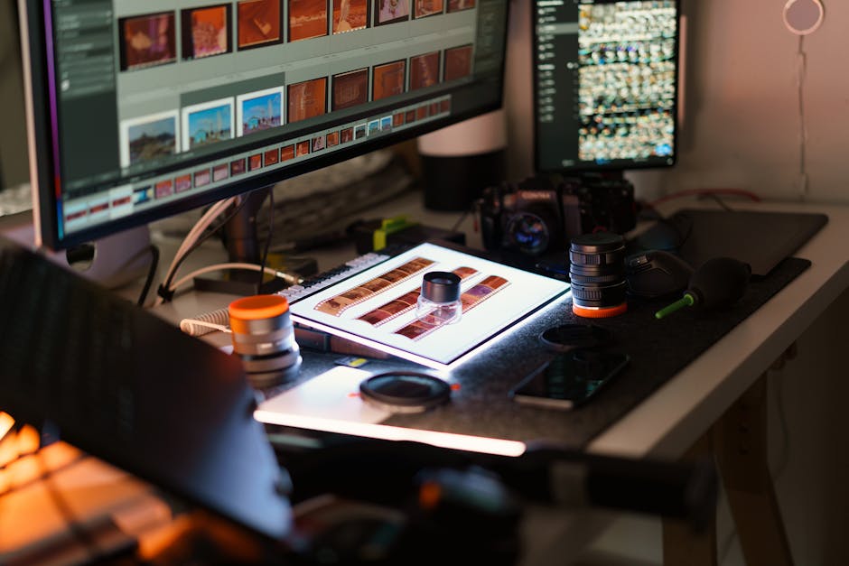 A detailed view of a photographer's workspace featuring film negatives, editing monitors, and camera equipment.