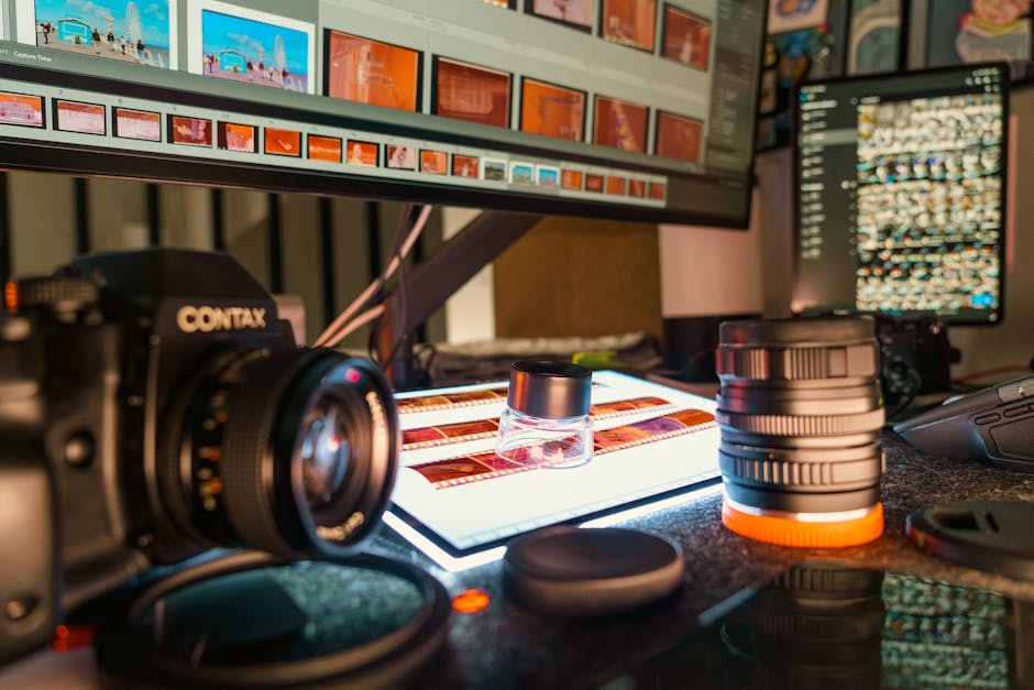 A detailed view of a professional photography workspace with film equipment and digital processing tools.